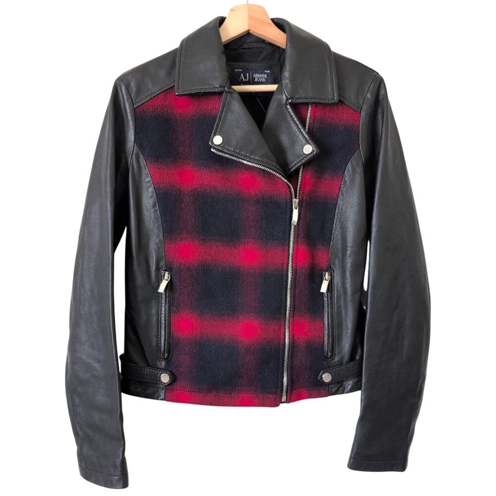 Armani Jeans Leather Wool Jacket Womens 42 US Sz 6 Red Black Check Tartan‎ Plaid